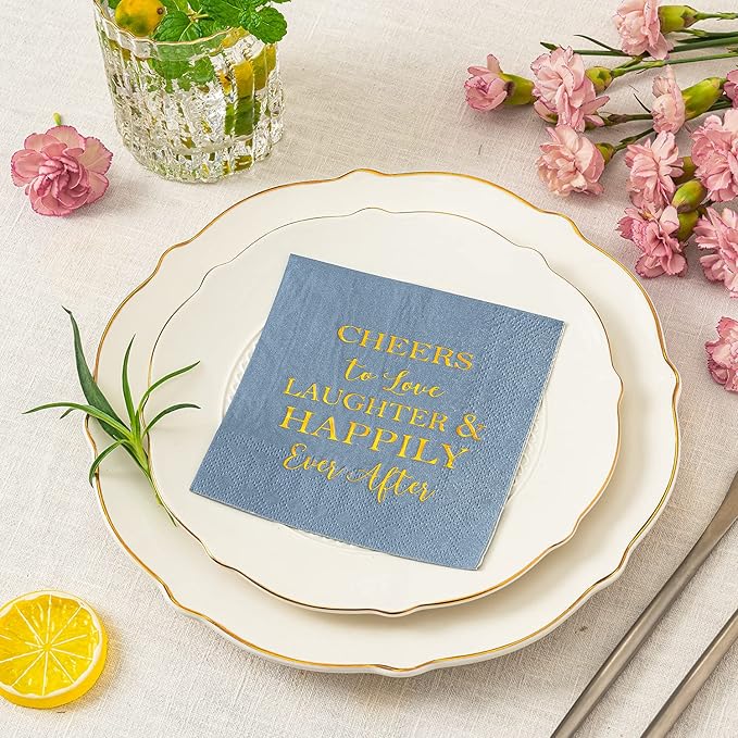 Crisky Dusty Blue Bridal Shower Napkins Disposable Cocktail Napkins Gold Foil Beverage Desert Cake Napkins Engagement Party Decorations & Wedding Shower, Rehearsal Dinners Napkins [50 pcs, 3-ply]