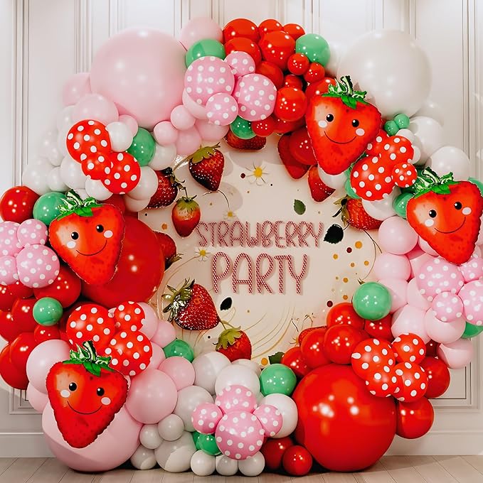 ALL-IN-1 Strawberry Balloon Arch Kit & Garland with BONUS Strawberry – Small and Large Red Pink Green Strawberry Balloons – Strawberry Shortcake Party Decorations Supplies for Birthday & Baby Shower