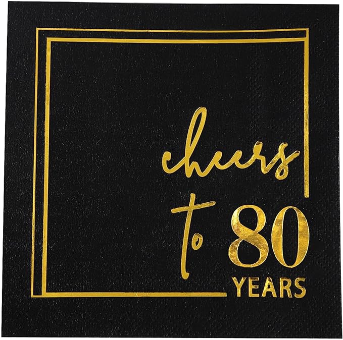 Cheers to Years Cocktail Napkins - 50 PK - 3-Ply Birthday Napkins 5x5 Inches Disposable Party Napkins Beverage Paper Napkins or Birthday Decorations Wedding Anniversary Black and Gold (80 Years)