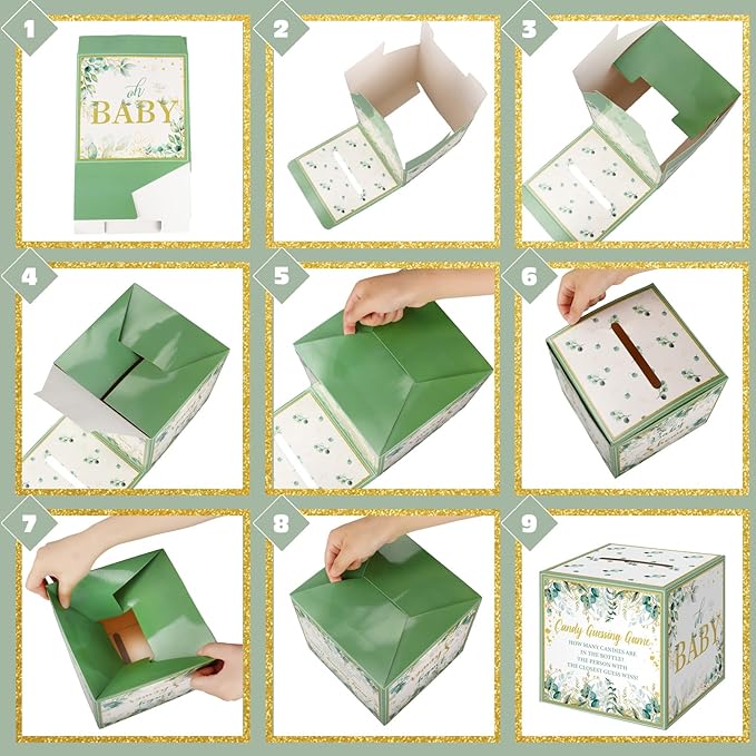 Glenmal 52 Pcs Baby Shower Games Gift Sets Large Baby Bottle for Shower Game Guess How Many Candies Decorations for Gender Reveal(Leaf)