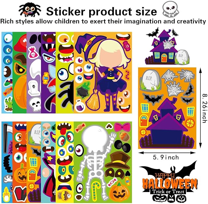 24 Sheets Halloween Stickers for Kids, Halloween Decorations, Kids Party Games, Face Stickers, Vinyl, Waterproof, Cartoon, Halloween Style