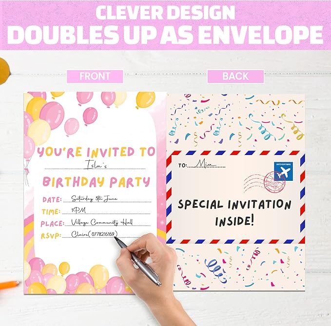 36 Kids Childrens Birthday Party Invitations with Folding Envelope Design and Holographic Stickers (Pink)