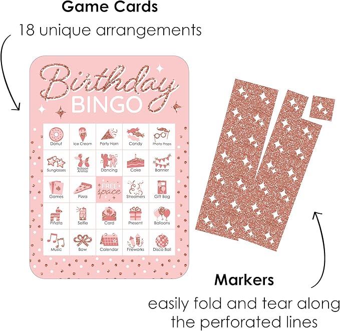 Big Dot of Happiness Pink Rose Gold Birthday - Picture Bingo Cards and Markers - Happy Birthday Party Bingo Game - Set of 18
