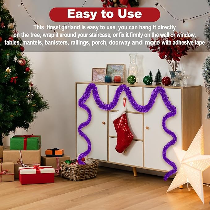 50 Feet Purple Christmas Tinsel Garland, Metallic Foil Twist Garland Wall Hanging Tinsel Banner Backdrop for Parade Floats, Easter, Mother's Day, Wedding Party Decorations (2in x 50ft)