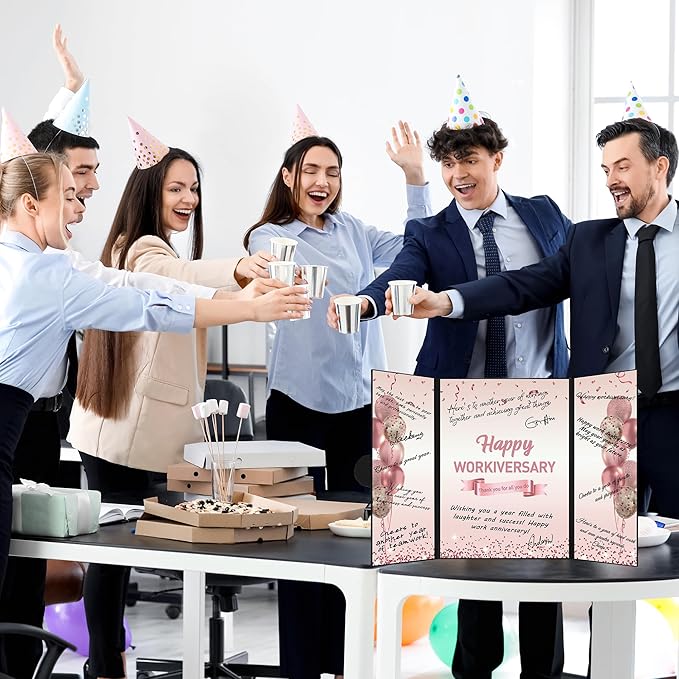 DARUNAXY Rose Gold Happy Workiversary Party Decorations, Happy Work Anniversary Alternative Signature Guest Book for Women Pink Employee Business Gifts Signing Card Board for Office Supplies