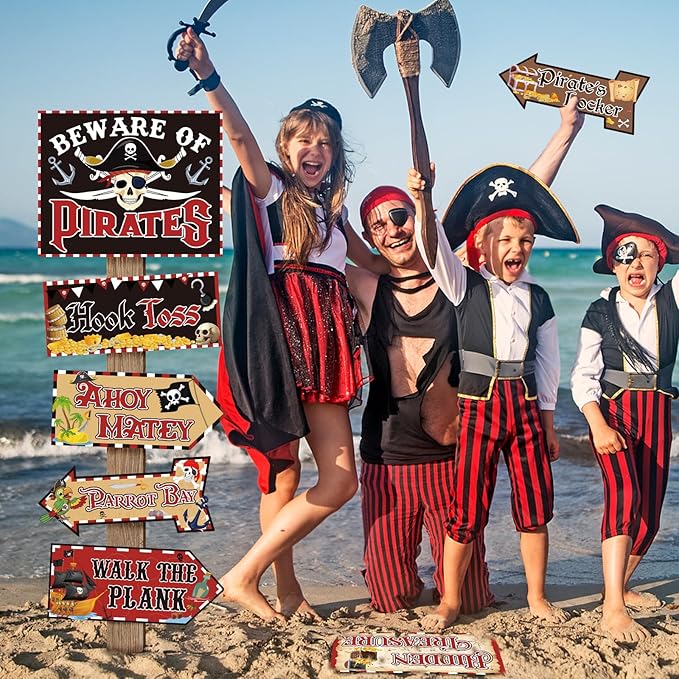 Hooqict 20 Pieces Pirate Party Decorations Sign Beware of Pirates Party Directional Signs Pirate Themed Birthday Party Banner Supplies