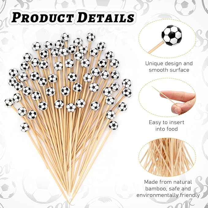 100 Pcs Soccer Toothpicks, 4.72 Inch Soccer Cocktail Picks for Appetizers, Long Bamboo Toothpicks, Decorative Toothpicks Skewers for Holiday Birthday Party Decorations (Soccer 3D)