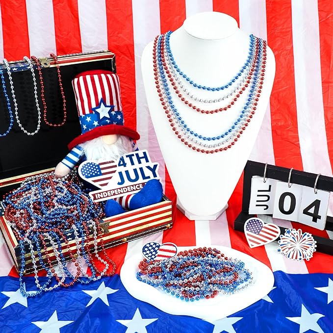 SHAOQINLIN 50 PCS Silver Mardi Gras Beads, 33" Silver Christmas Necklace, Metallic Patriotic Beads Necklaces, Parade Throws Accessories for Christmas Independence Day New Year Party Favors
