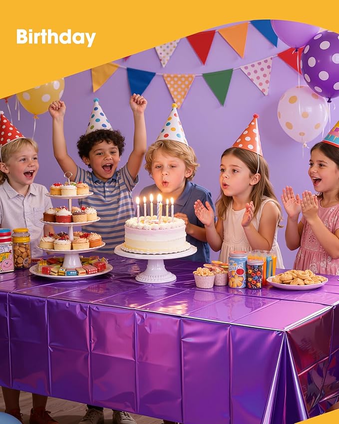 Iridescent Purple Plastic Table Cloth - 4 Pack 54" × 108" Rectangle Disposable Tablecloths for 6FT Tables, Table Cover for Party, Holiday & Gathering Use