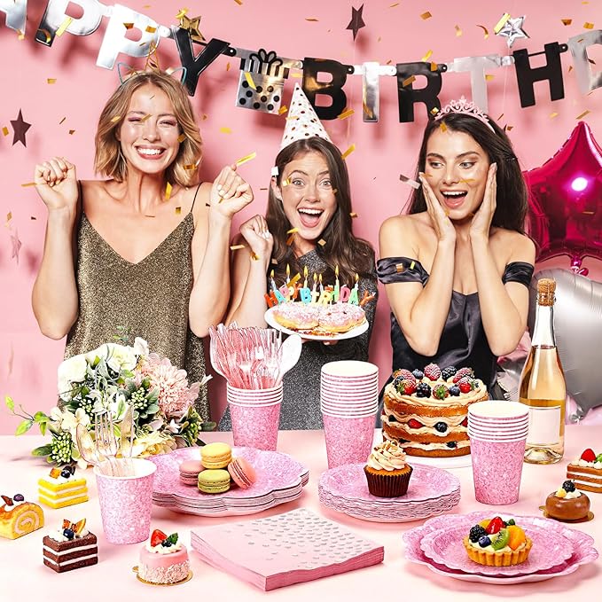 Hushee 175 Pcs Pink Holographic Print Party 25 Guests Disposable Dinnerware Set Include Paper Plates, Napkins, Paper Cups, Plastic Tableware for Birthday Party