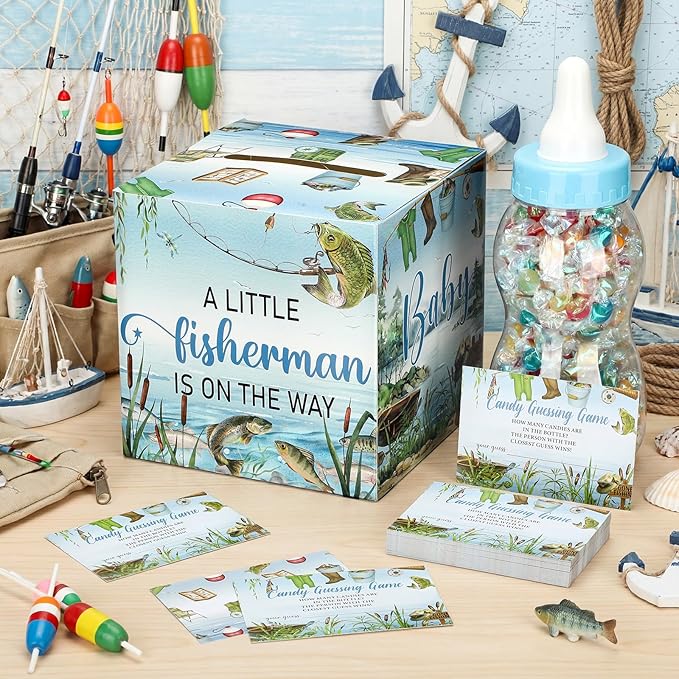 Glenmal 52 Pcs Little Fishman Baby Shower Games Gift Sets Large Baby Bottle for Shower Game Guess How Many Candies Decorations for Gender Reveal