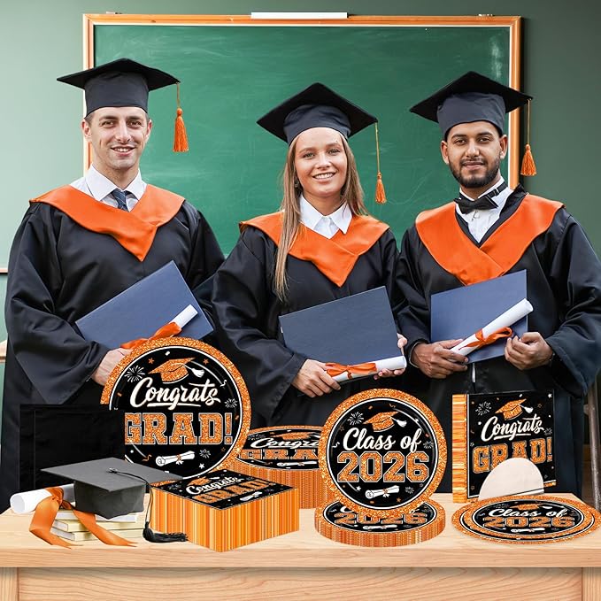 Graduation Decorations 2026 Graduation Party Plates and Napkins Set Black Orange Class of 2026 Graduation Party Supplies for Congrats Grad Party Decor, Serve 50