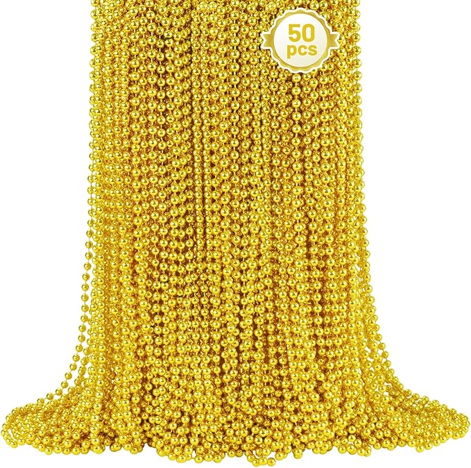 SHAOQINLIN 50 PCS Gold Bead Necklace, Gold Mardi Gras Christmas Beads Necklaces 33" Metallic Beaded Costume Necklaces Party Necklaces for Mardi Gras Parade Throws Wedding Birthday Pirate Party Favors
