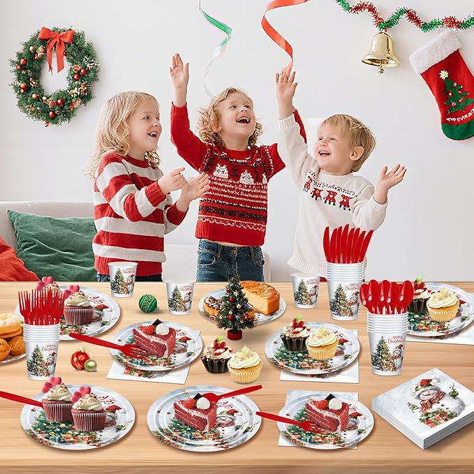 168 PCS Christmas Party Supplies Serve 24 Guests Merry Christmas Plates and Napkins Party Decorations Disposable Dinnerware Set Decor Snowman and tree