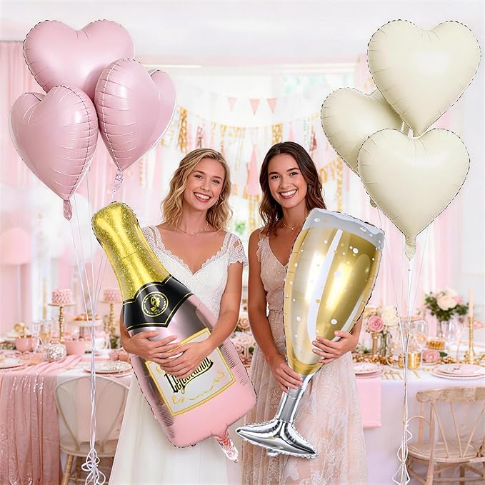 Champagne Balloons, Bachelorette Party Balloons with Champagne Bottle Glass Foil Mylar Balloon Pink Beige Heart Shaped Balloon for Engagement Birthday Bridal Shower Wedding Anniversary Decorations