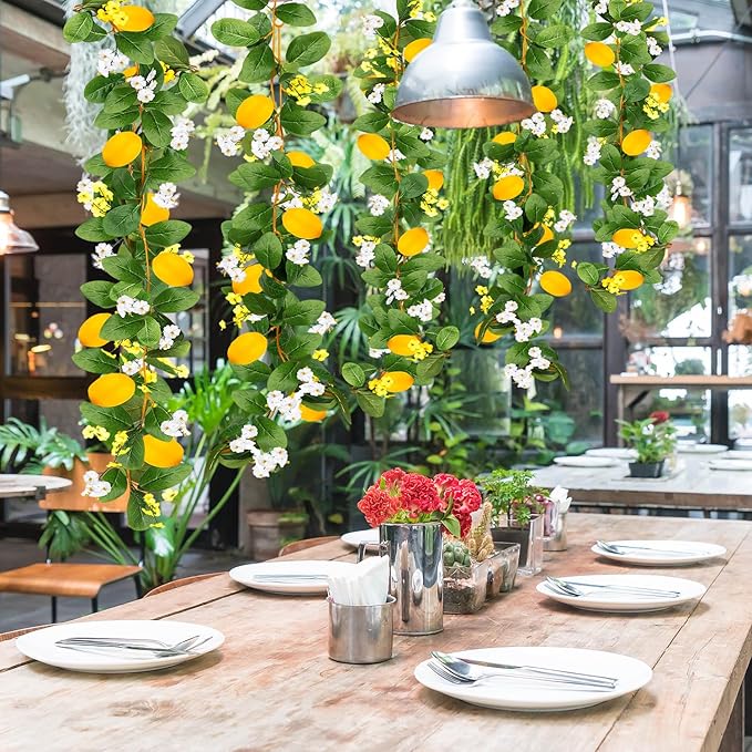 4 Pcs Artificial Lemon Flower Garland Vine, 28 Ft Fake Yellow Lemon Vines Silk Flowers Hanging Floral Garlands Decoration for Room Wall, Flower Themed Party, Wedding Supplies