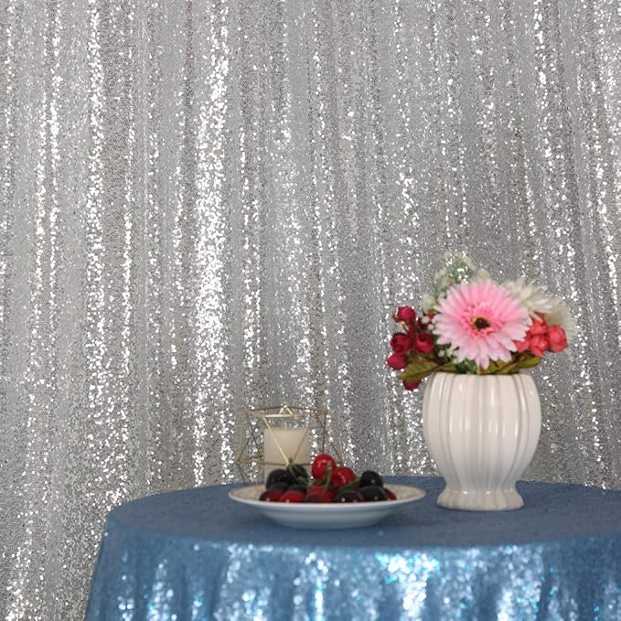 Juya Delight 4FTx7FT Silver Shimmer Photobooth Backdrop Curtains - Silver Glitter Sequin Photo Backdrop for Wedding Birthday Parties Wall Decoration