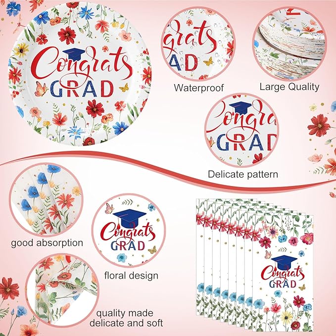 400 Pcs Class of 2026 Blue Floral Graduation Decorations for 50 Guests, Blue Red Flower Graduation Paper Plates Napkins and Cups Cutlery Grad Tableware for 2026 Congrats Grad Party Supply