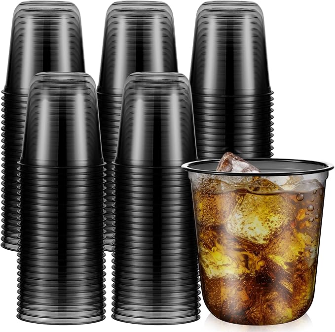 100 Pcs Disposable Stemless Glasses 12oz Crystal Plastic Wine Glasses Clear Classic Pet Cup for Meeting Weddings Birthdays Cocktail Christmas Party Supplies (Black)
