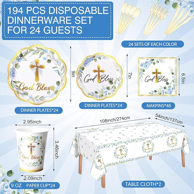 Pickmesh 194 Pcs God Bless Baptism Party Decoration Boy for 24, Blue Floral Baptism Paper Plate Napkin Cup Tablecloth Cutlery First Holy Communion Tableware for Christening Baby Shower Supplies