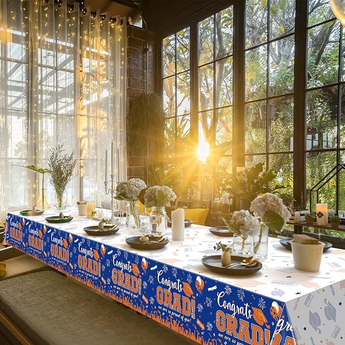 3Pack Graduation Tablecloth Party Decorations, Class of 2026 Congrats Grad Plastic Tablecover Party Supplies, Blue and Orange Rectangle Graduation Table Decor for College High School Party, 54x108Inch