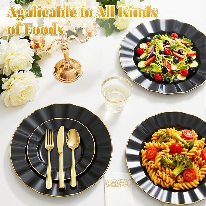 175 Plastic Dinnerware Set Party Supplies Disposable Dinnerware Set for 25 Guests Include 50 Plastic Plates,25 Silverware Set,25 Cups and 25 Napkins Plastic Plates for Party Wedding（Black and Gold）