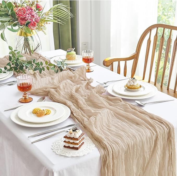 IVAPUPU 4 Pcs Cheesecloth Table Runner - 10ft Nude Easter Spring Boho Gauze Cheese Cloth Table Runners for Baby Shower Decoration Wedding Party Garden Farmhouse