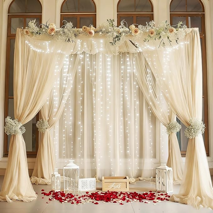 10ft x 10ft Ivory Chiffon Backdrop Curtain with Lights String for Parties,2 Panels Sheer Tulle Curtain Wedding Photo Backdrop with Lights for Baby Shower Birthday Party Ceremony Home Decorations