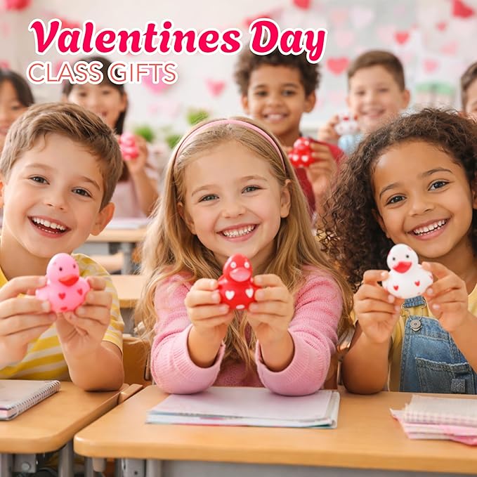 4E's Novelty 24 Pack Valentines Day Rubber Ducks - Bulk 2" Heart Themed Duckies for Jeep Ducking, Classroom Exchange Gifts for Kids School, Prizes, Giveaways, Party Favor Handouts