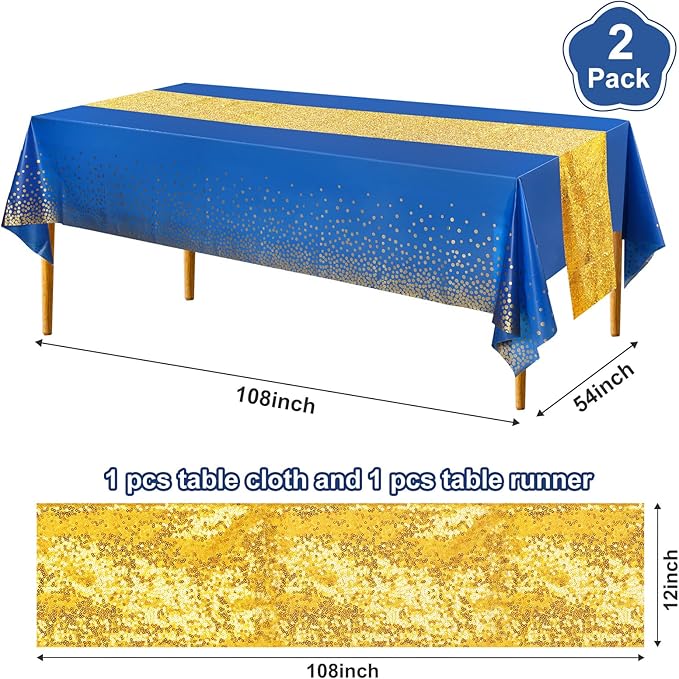 Irenare Tablecloth and Sequin Table Runner Set Polka Dots Confetti Table Cover Dining Plastic Tablecloths Glitter Decorations for Birthday Wedding Anniversary Party Supplies(Blue, Gold,2 Pcs)