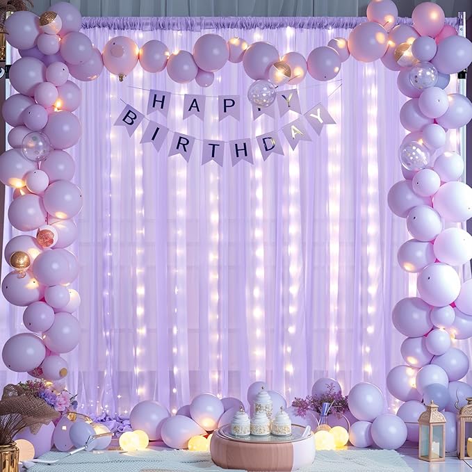 10ft x 10ft Lavender Chiffon Backdrop Curtain with Lights String for Parties,2 Panels Sheer Tulle Curtain Wedding Photo Backdrop with Lights for Baby Shower Birthday Party Ceremony Home Decorations