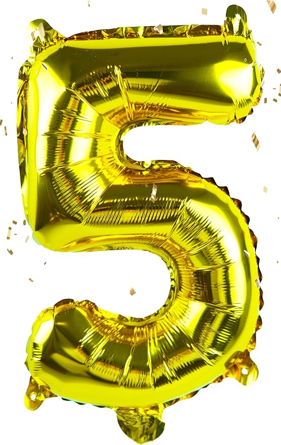Gold Number “5”Balloons 16 Inch, Mylar Foil Custom Single Letter, Hanging, Reusable for girls boys adults Birthday,Surprise,Wedding, Celebration, Sports Party Event Decoration Supplies
