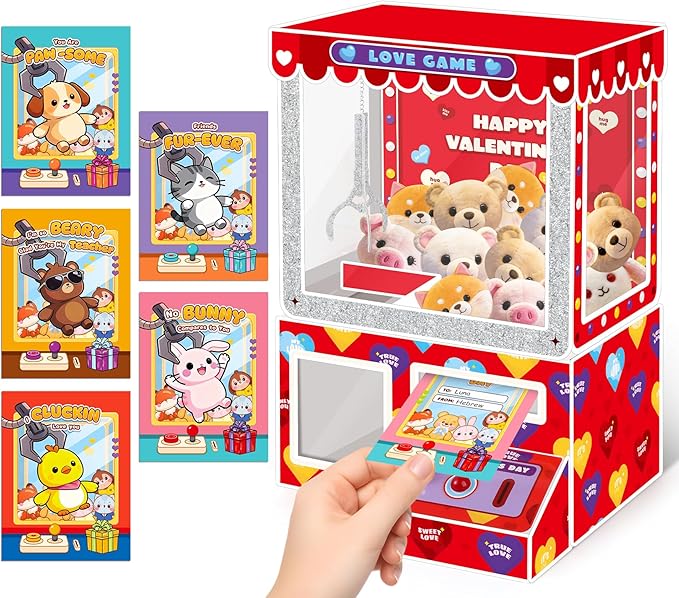 Gloween Valentines Boxes and Cards for Kids Classroom School Exchange, Great Valentines Day Gifts Party Favors for Boys Girls (1 Claw Machine Box, 32 Valentine Cards, 1 Teacher Card, Doll not Included)