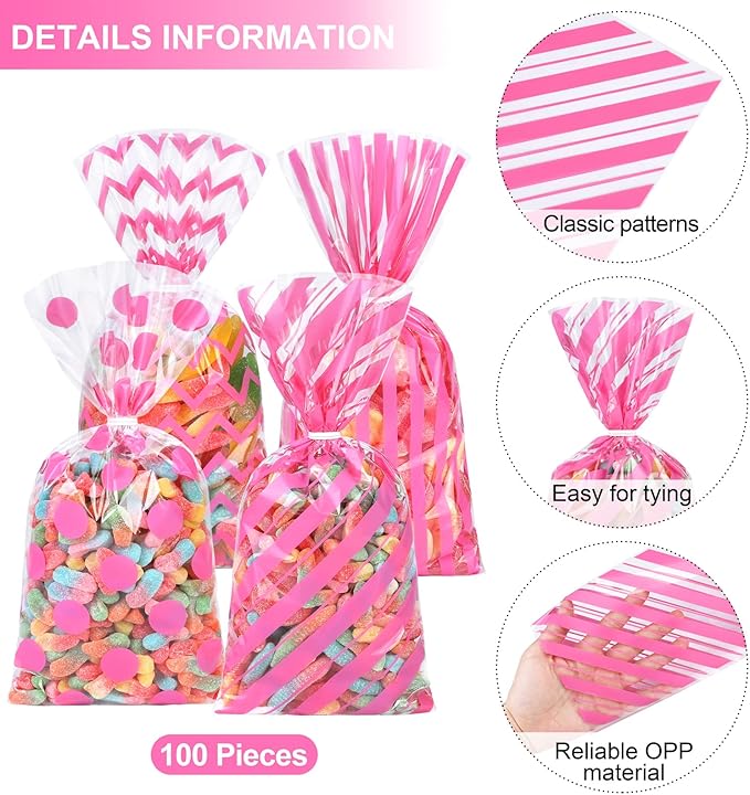 Aodaer 100 Pieces 10.6 x 5.1 In Pink Cellophane Bags Plastic Candy Bags Cellophane Treat Bag Polka Dot Stripes Printed Pattern Goodie Gift Bag with Twist Ties for Birthday, Baby Showers, Weddings Party Supplies