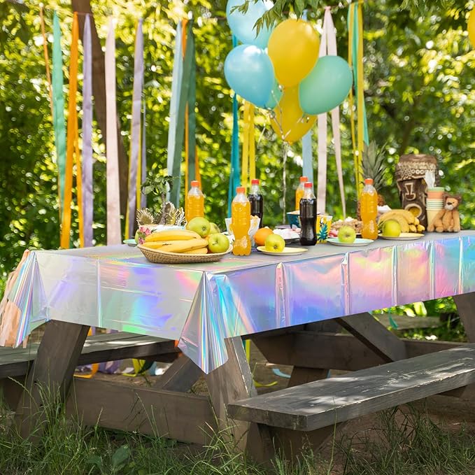3pcs Iridescence Holographic Foil Tablecloth 54*72 inch Laser Shiny Plastic Birthday Party Table Cloths Waterproof Table Cover for Christmas Wedding Bridal Shower Anniversary Party Supplies