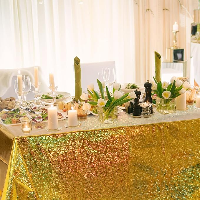 1 Pack Iridescence Plastic Tablecloths Shiny Disposable Laser Rectangle Table Covers Holographic Foil Tablecloth Iridescent Party Decoration Birthday Bridal Wedding Christmas 54" x 108" (Gold)