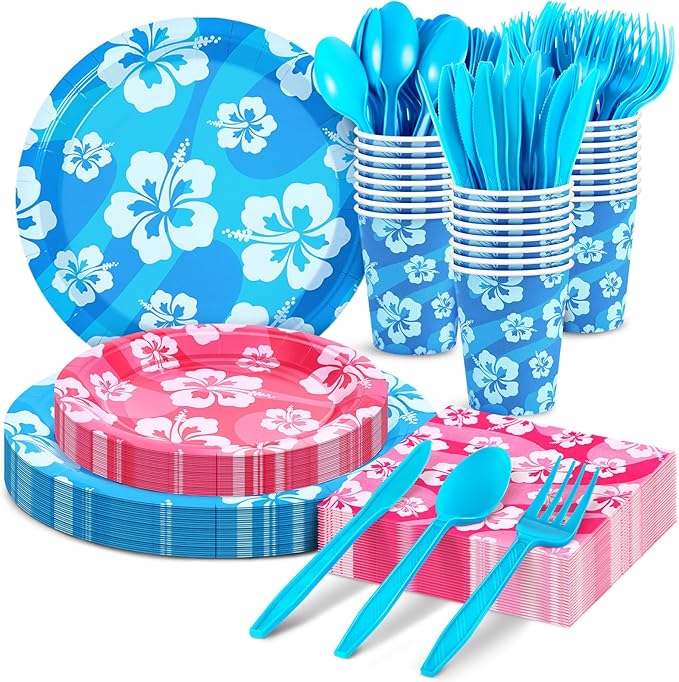 LemonRoad 168pcs Hawaiian Blue Pink Cartoon Birthday Party Supplies Disposable Tableware Set Serve 24 Guests Include Paper Plates Cups Napkins Plastic Spoons Forks Knives for Christmas Party Summer