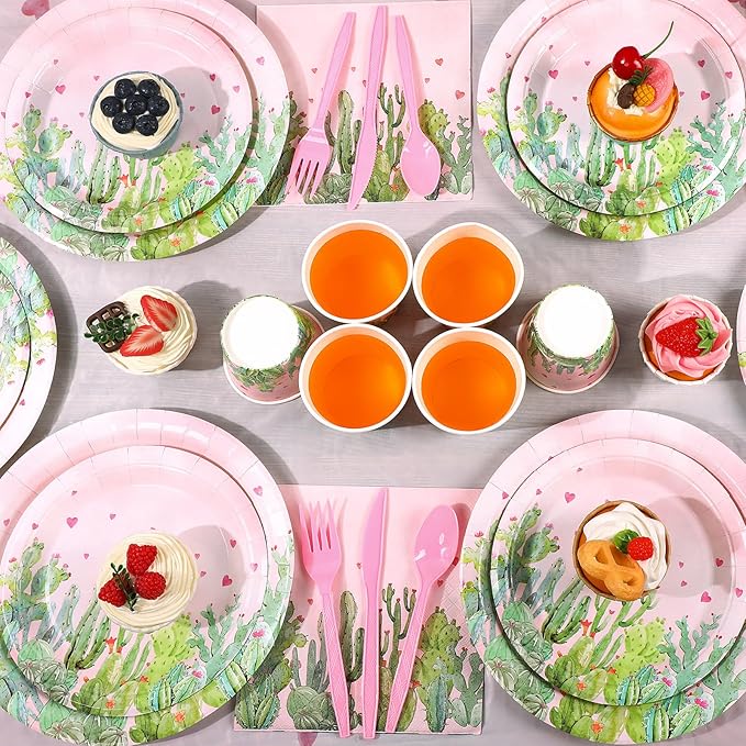 170 Pcs Cactus Party Decorations Supplies 24 Guest Cactus Party Set Disposable Tableware Paper Plate Cup Napkin Fork Knives Spoon for Fiesta Celebration Birthday Taco Decoration (Pink)