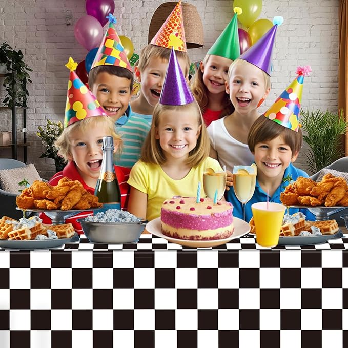 3 Pack Black and White Checkered Tablecloths Race Car Theme Tablecloths for Motor Racing Birthday Party Decorations, 54" x 108