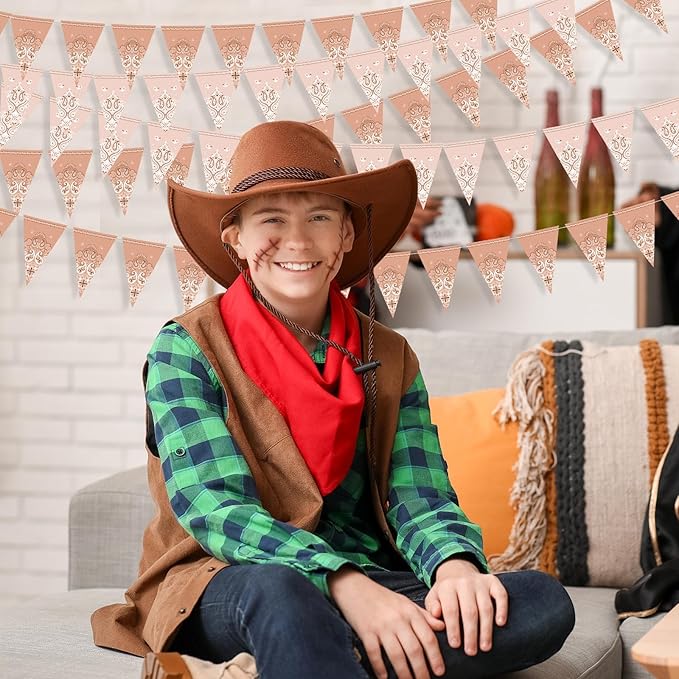 Boao 5 Pack Western Cowboy Party Decorations Bandana Pennant Banner Wild West Decor Western Cowboy Themed Yee Haw Country Party Decoration Supplies 9.8 x 5 ft(Brown Paisley)