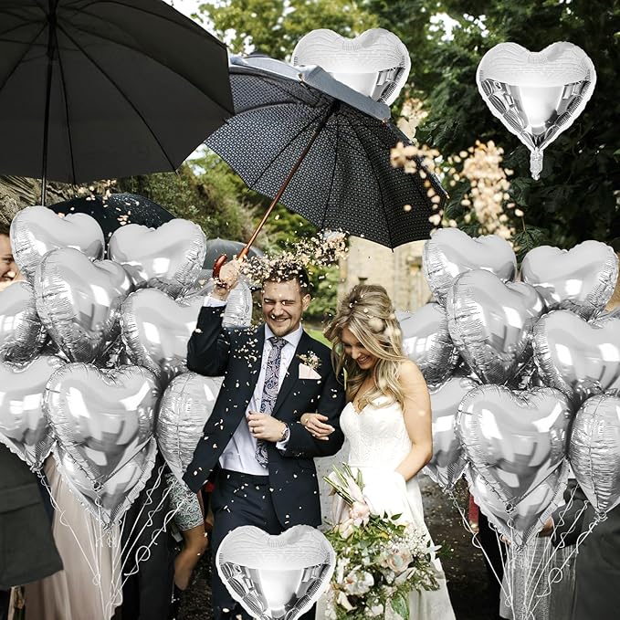Silver Heart Foil Balloons, 10 Pcs Silver Heart Shape Balloons, 18Inch Metallic Heart Foil Balloon for Birthday Valentine Wedding Baby Shower Bridal Shower Graduation New Year Party Decorations