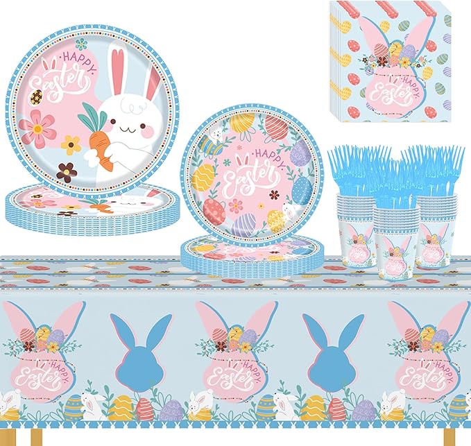 Easter Plates and Napkins Disposable Set – Easter Paper Plates and Napkins Sets with Cups, Forks & Tablecloth, Happy Easter Bunny Party Supplies, Easter Dinnerware Tableware, Serves 24 Guests