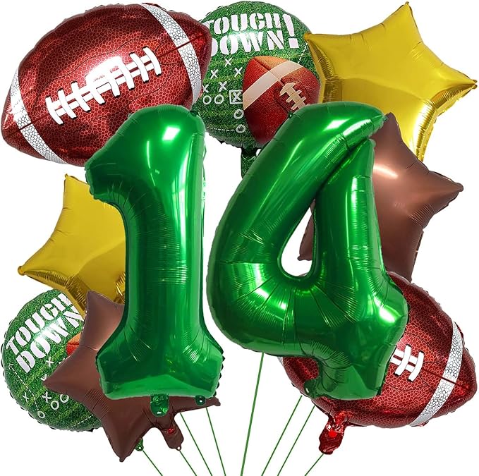 Football Balloons Foil Football Birthday Decorations Balloons Green Number 14 Balloon Gold Brown Star Touchdown Ballons for Rugby Birthday Decorations Sports Ballons Arch Kits Party Balloon Sets 10pcs