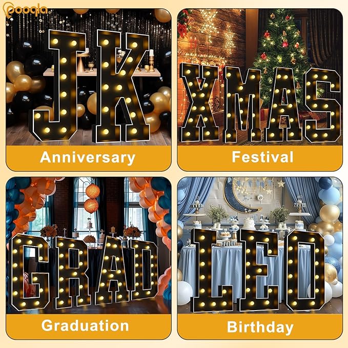 Pooqla 4 FT Marquee Light Up Letters, Black Marquee Letter Lights 4 Feet Tall, Giant Letter Sign Big Mosaic Letters for Balloons Birthday Party Anniversary Wedding Decorations, Warm White Letter P