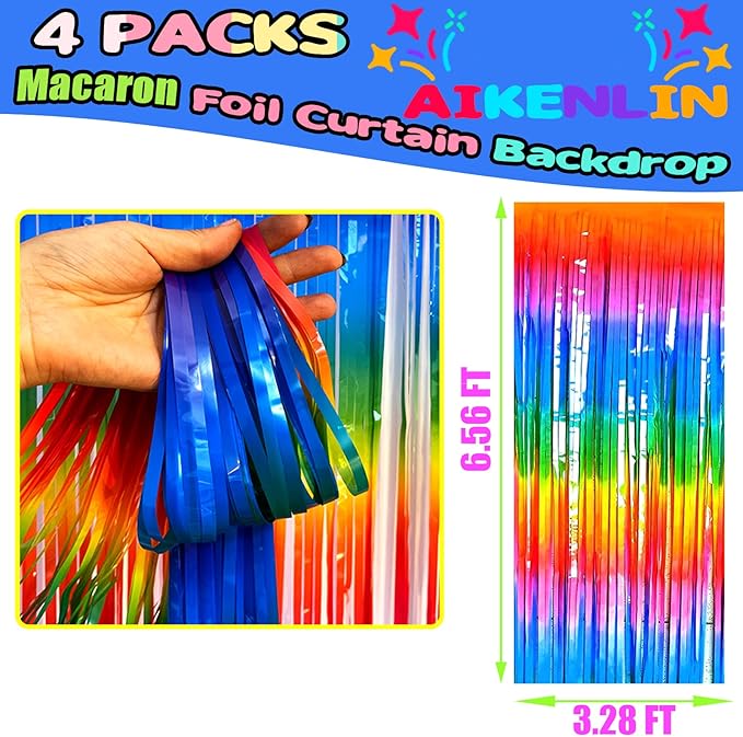 4 Pack 3.3Ft x 6.6Ft Rainbow Foil Fringe Curtain Backdrop, Colorful Metallic Tinsel Foil Fringe Streamers Curtains Background for Photo Booth, Birthday, Wedding, Halloween, Christmas Party Decoration