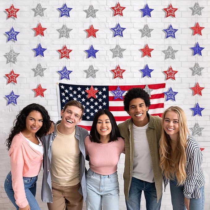 8 Pack Patriotic Star Banner Garland - Glitter Red White Blue Hanging String Garlands for 4th of July, Memorial Day, Independence Day, Veterans Day Party, Holiday Decorations, Labor Day, Party Decor