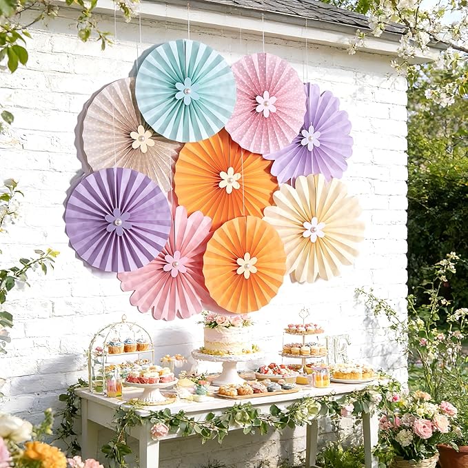 Pastel Paper Fans, Pastel Decorations for Party, Birthday, Classroom, Birthday, 9 PCS Yellow, Pink and Purple Pastel Paper Flower Decorations for Baby Shower, Wall Decor