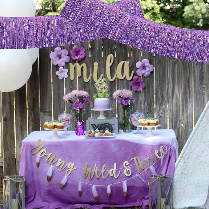 BEISHIDA 3 Packs Metallic Foil Fringe Garland Laser Light Purple Wall Hanging Tinsel Fringe Banners for Car Floats Bridal Shower Wedding Birthday Easter Graduation Holiday Party Decoration(30 Feet)