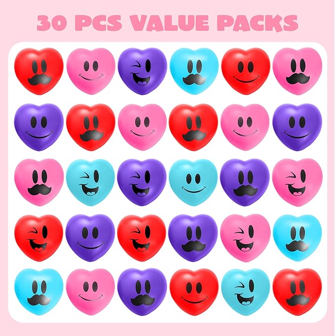 JOYIN 30 Pcs Valentine's Day Heart Shape Stress Ball, Valentines 1.5 inch Heart Ball Squishy Toy Exchange Gift for Kids, Stress Relief Party Favors, Holiday Reward Prizes