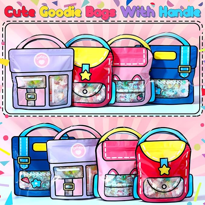 40 Pcs Cartoon Goodie Bags for Kids Candy Snack Treat Party Favor Bags Bulk Birthday Plastic Clear Gift Handbags with Handle for Classroom Back to School Supplies